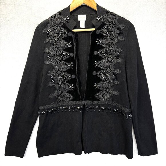 Chico's 2 Embellished Cardigan Sweater (Large) Black Velvet Beaded Lace Jacket - Picture 1 of 13